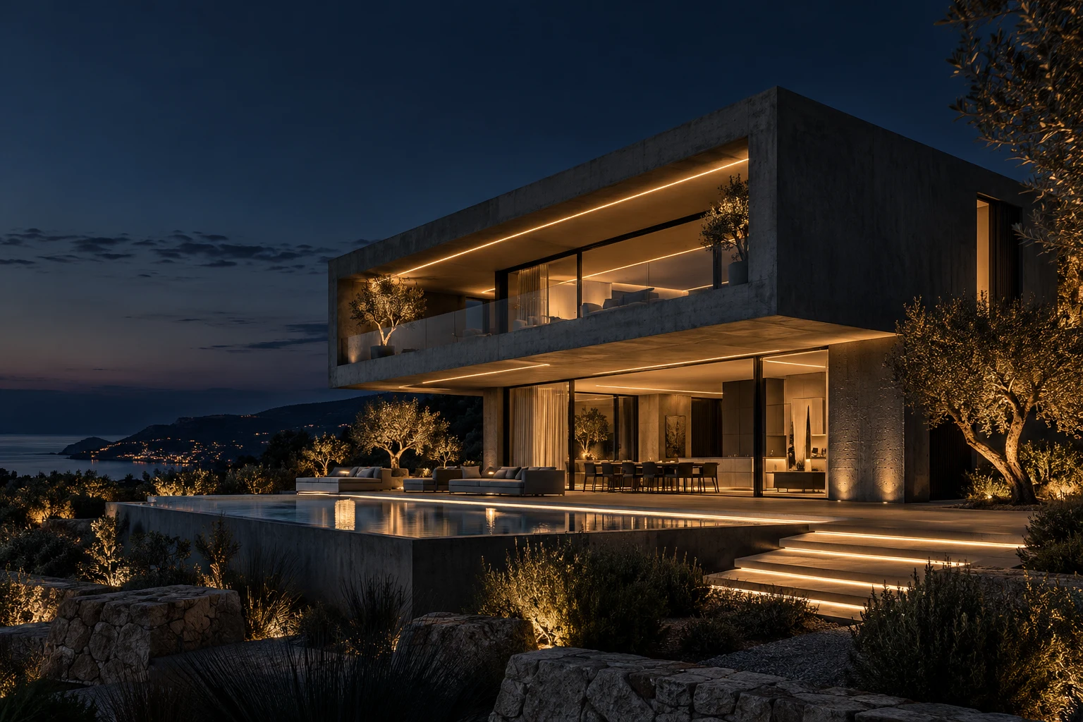 Conceito arquitetónico de uma moradia contemporânea com iluminação LED ao entardecer